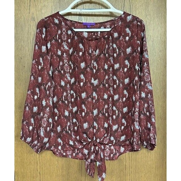 West Kei Blouse Womens Small Tie Front Burgundy Casiya 3/4 Sleeve Oversized - Picture 1 of 6